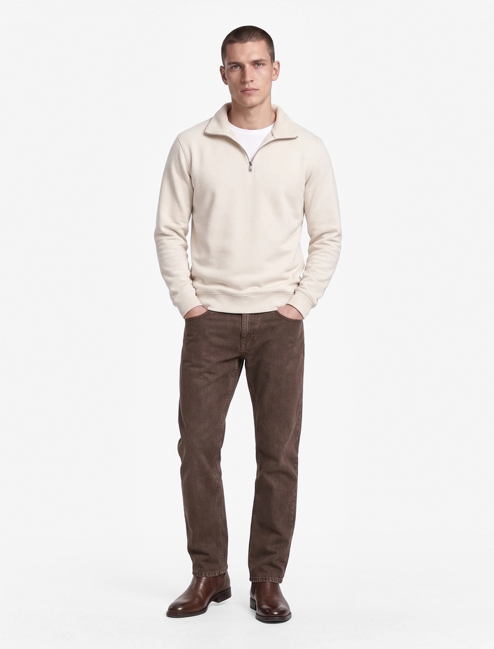  Şardonlu Regular Fit Uzun Kollu Fermuarlı Yaka Sweatshirt