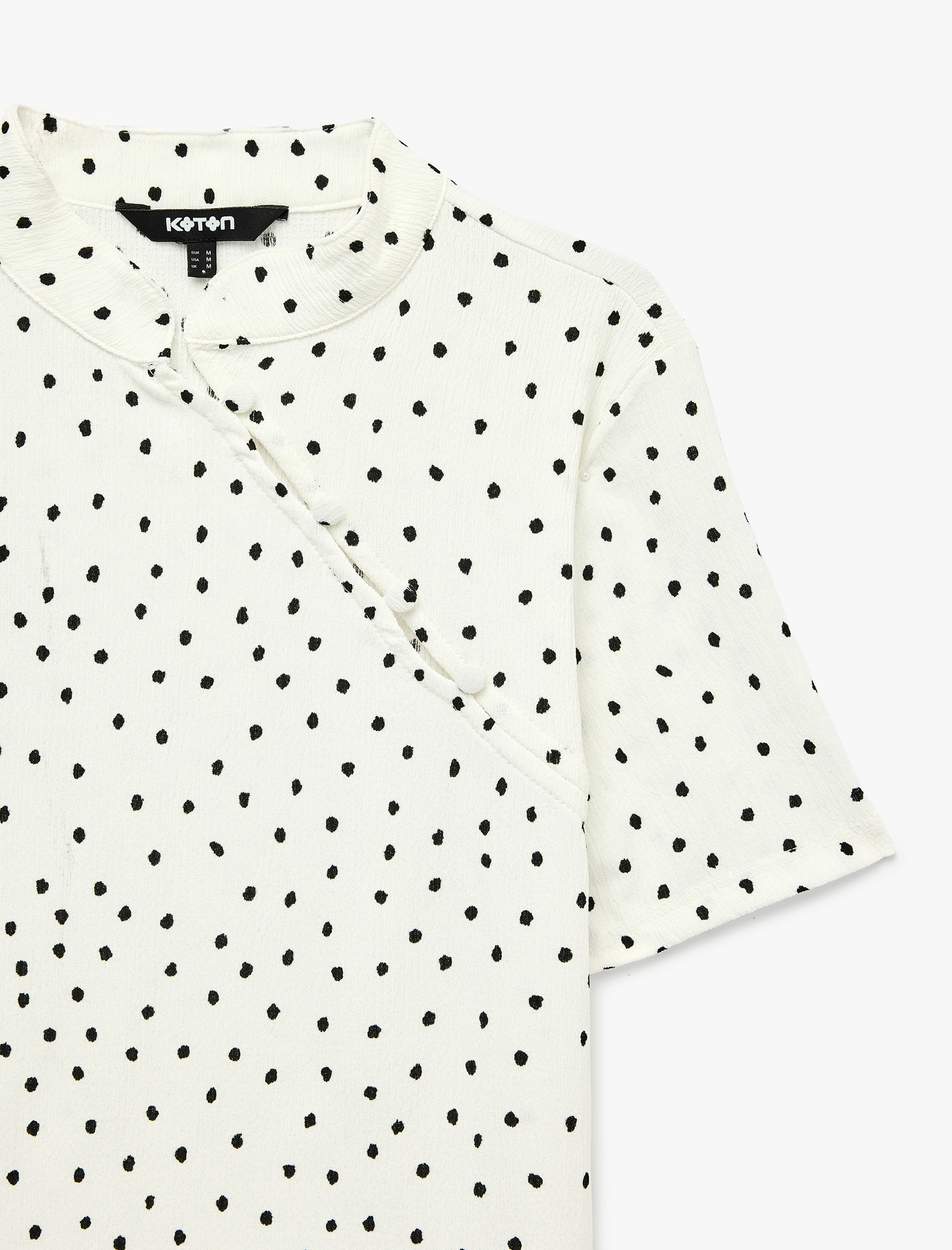   Mandarin Qipao Yaka Düğmeli Kısa Kollu Bürümcük Puantiyeli Bluz