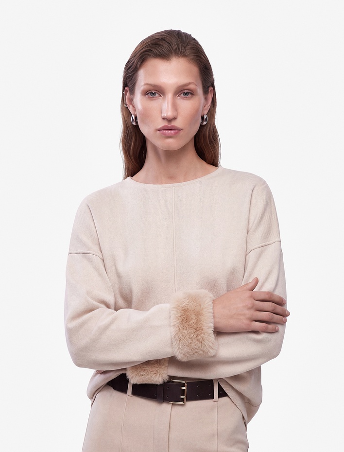  Bisiklet Yaka Uzun Kollu Suni Kürklü Oversize Sweatshirt