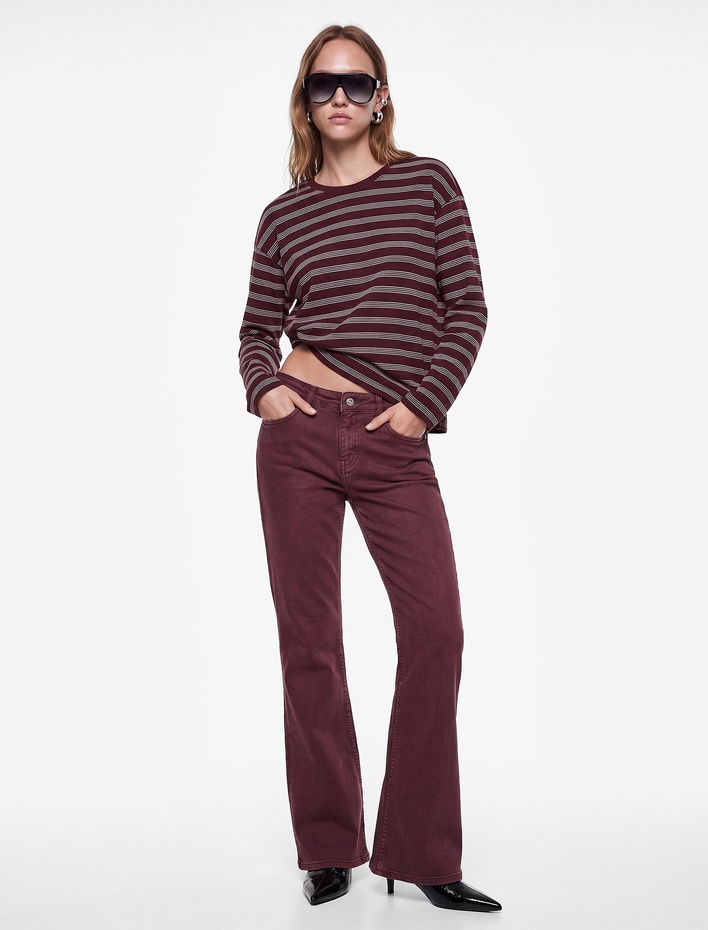  Pamuklu Dar Kesim Yüksek Bel Cepli Düğmeli İspanyol Paça Pantolon - Flare Jeans