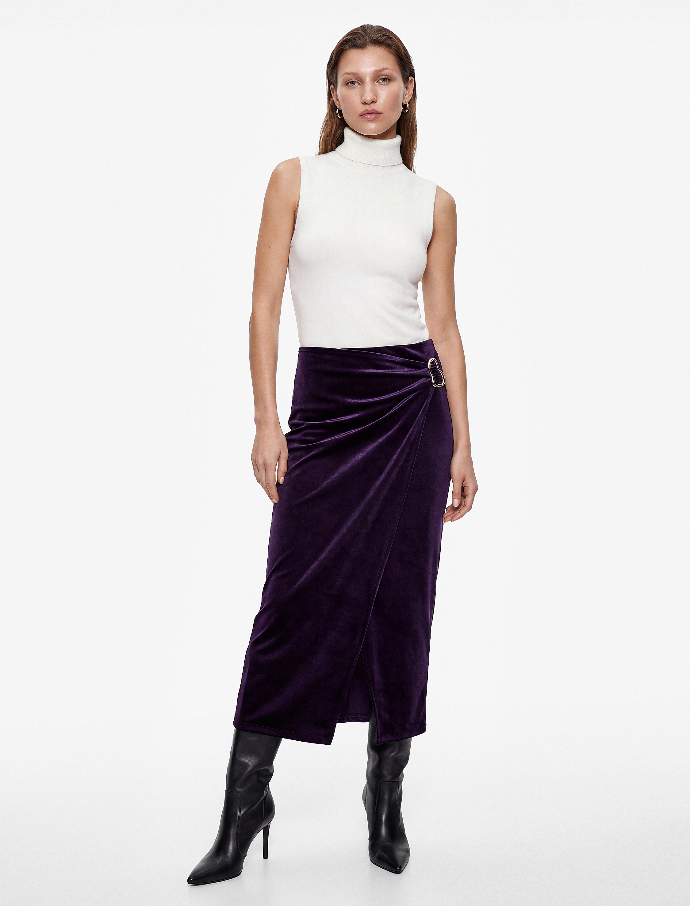   Slim Fit Aksesuarlı Yırtmaçlı Kruvaze Kadife Anvelop Midi Etek