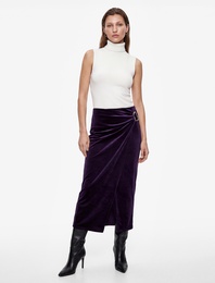 Slim Fit Aksesuarlı Yırtmaçlı Kruvaze Kadife Anvelop Midi Etek
