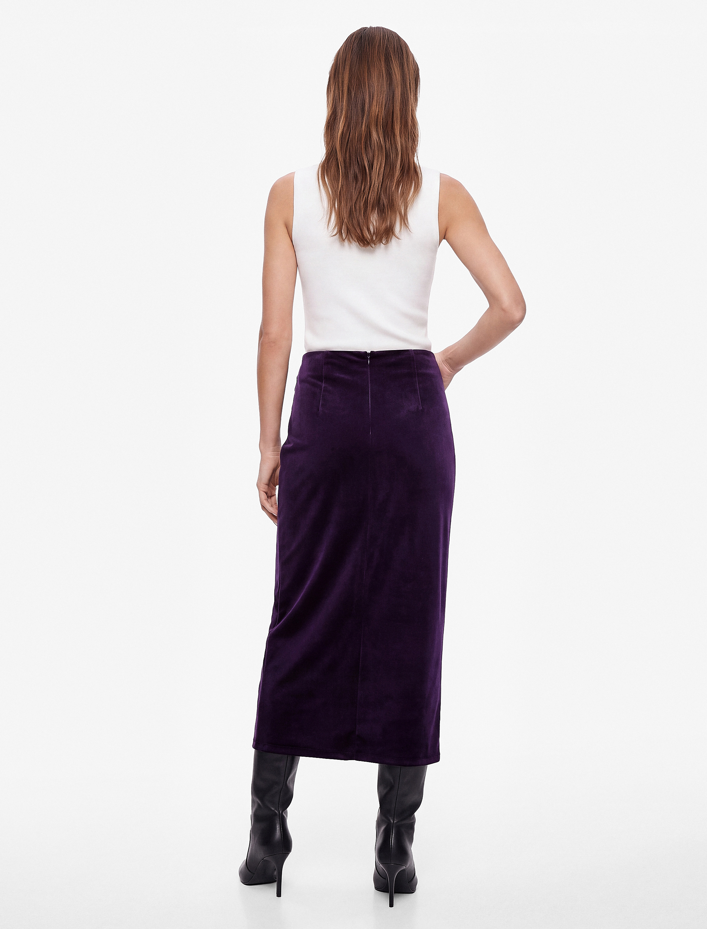   Slim Fit Aksesuarlı Yırtmaçlı Kruvaze Kadife Anvelop Midi Etek