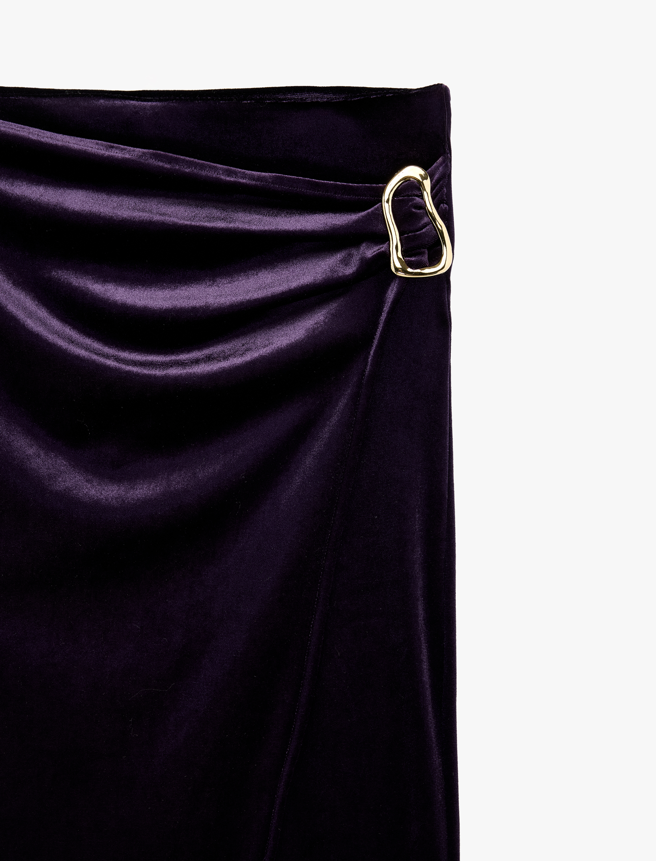   Slim Fit Aksesuarlı Yırtmaçlı Kruvaze Kadife Anvelop Midi Etek