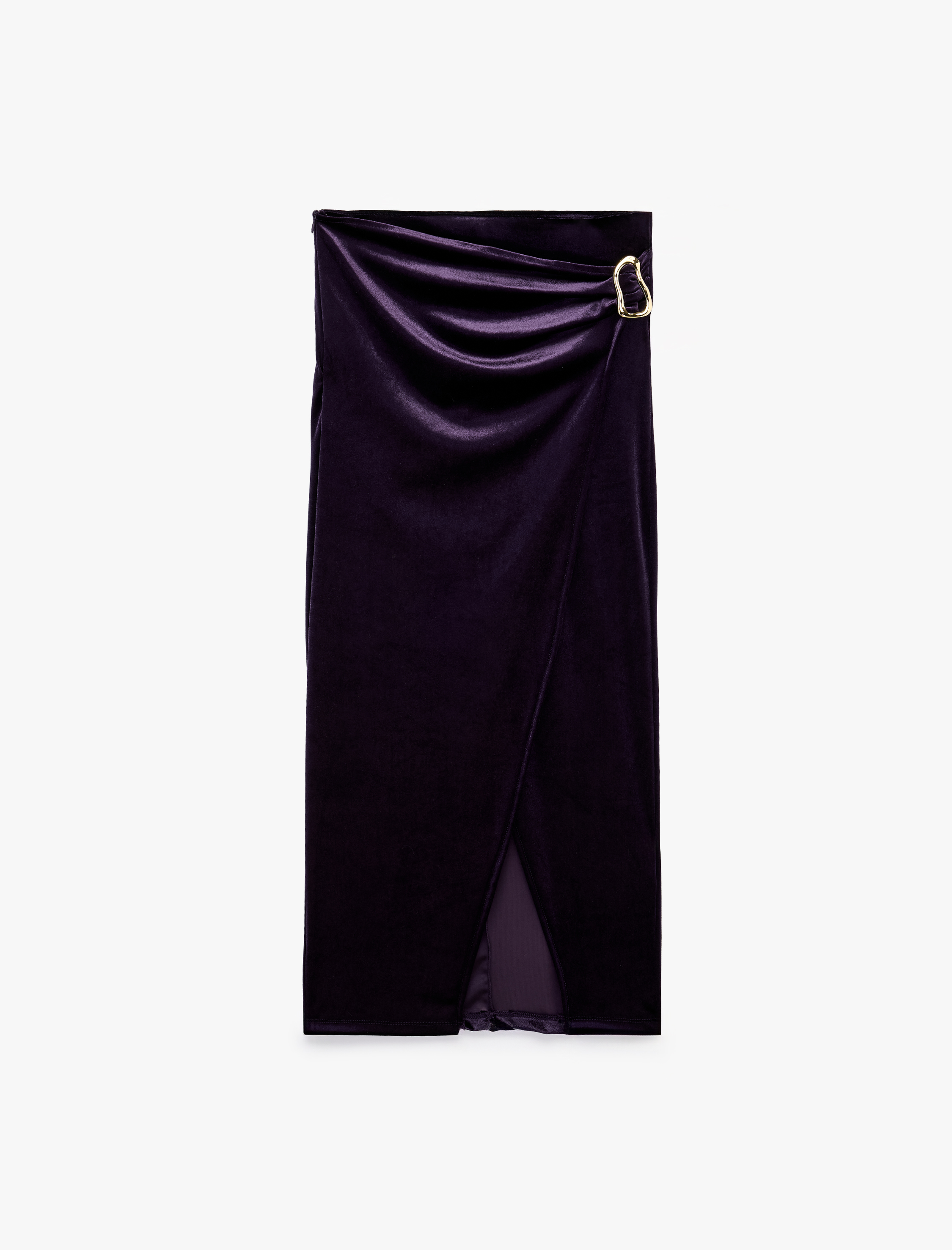  Slim Fit Aksesuarlı Yırtmaçlı Kruvaze Kadife Anvelop Midi Etek