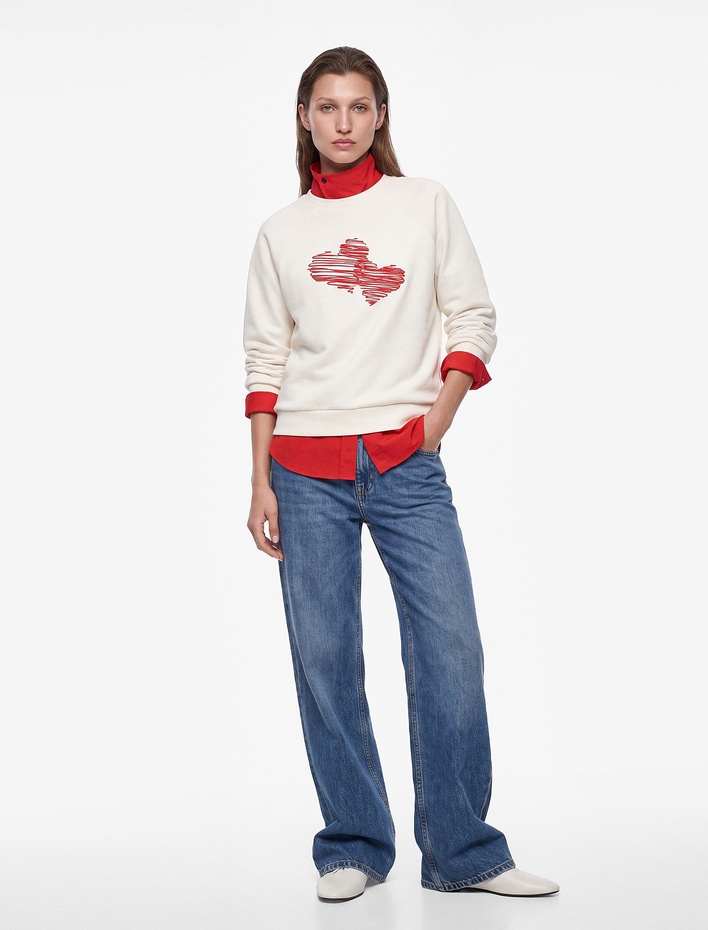  Pamuklu Bisiklet Yaka Uzun Kollu Kalp Baskılı Sweatshirt