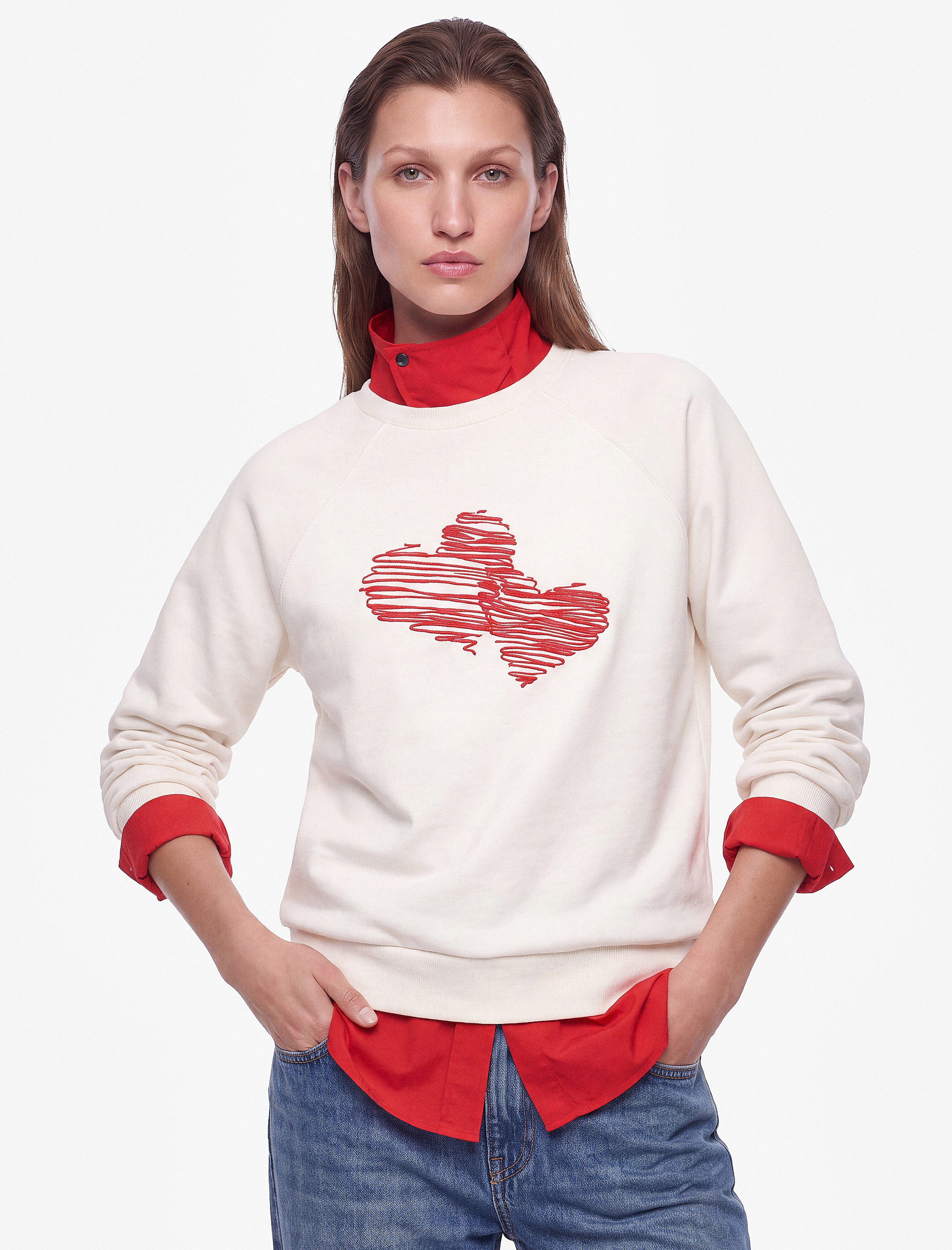   Pamuklu Bisiklet Yaka Uzun Kollu Kalp Baskılı Sweatshirt