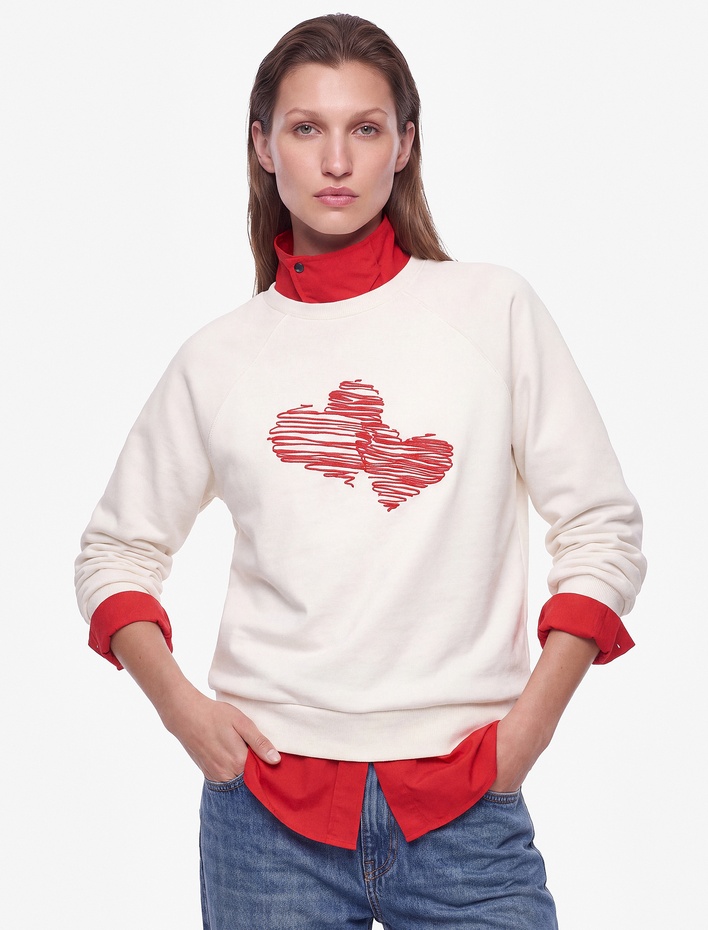  Pamuklu Bisiklet Yaka Uzun Kollu Kalp Baskılı Sweatshirt
