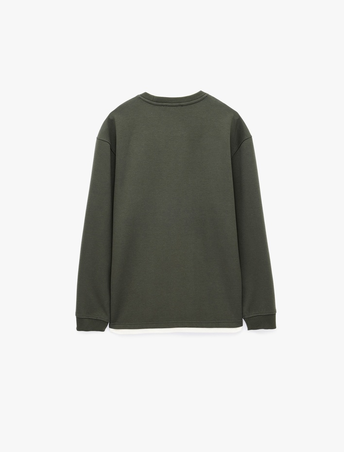  Renk Kontrastlı Uzun Kollu Nakışlı Bisiklet Yaka Sweatshirt