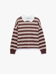 Rahat Kalıp Uzun Kollu Çizgili Polo Yaka Sweatshirt