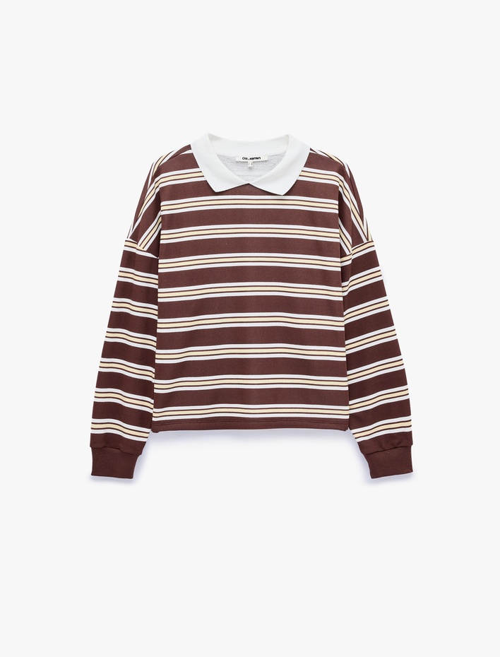  Rahat Kalıp Uzun Kollu Çizgili Polo Yaka Sweatshirt