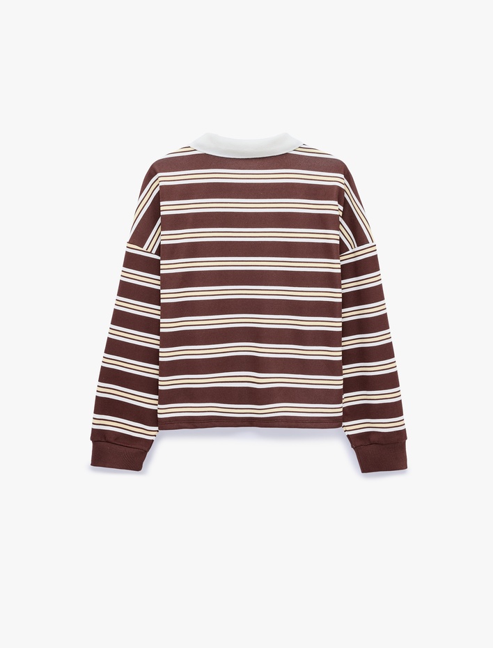  Rahat Kalıp Uzun Kollu Çizgili Polo Yaka Sweatshirt