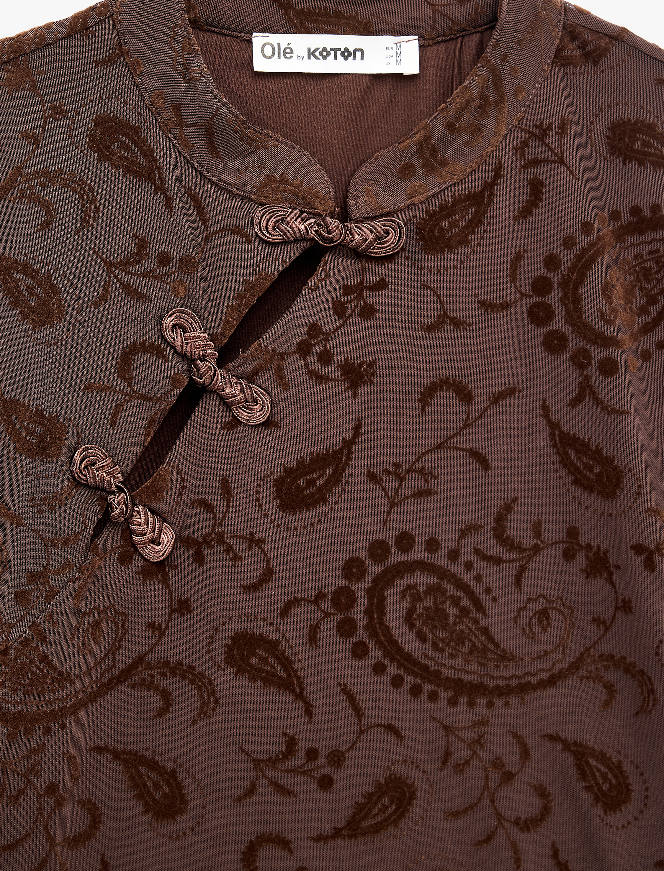   Slim Fit Mandarin Qipao Yaka Düğmeli Uzun Kollu Tül Tişört