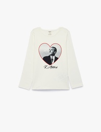 Atatürk Baskılı Pamuklu Kaşkorse Bisiklet Yaka Uzun Kollu Tişört