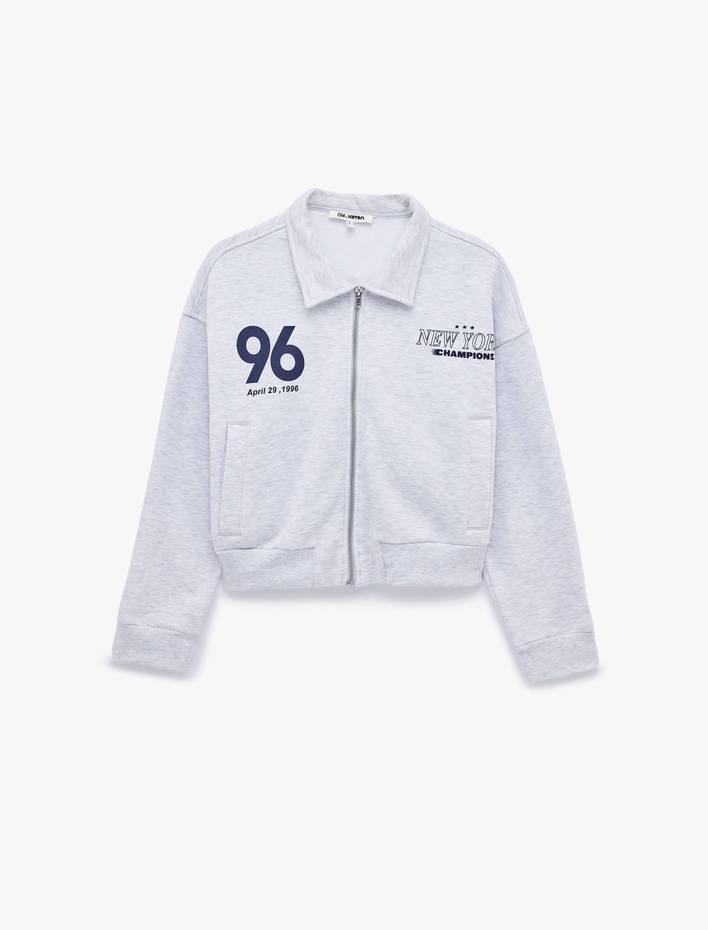  Şardonlu Klasik Yaka Fermuarlı Cepli Arkası Baskılı Sweatshirt