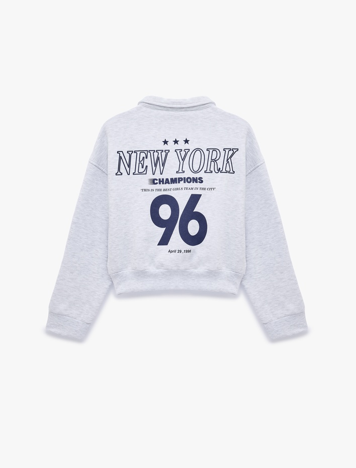  Şardonlu Klasik Yaka Fermuarlı Cepli Arkası Baskılı Sweatshirt