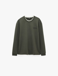 Renk Kontrastlı Uzun Kollu Nakışlı Bisiklet Yaka Sweatshirt