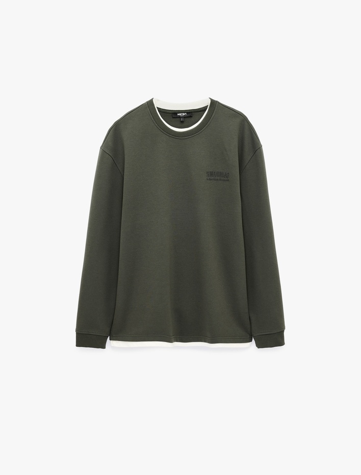  Renk Kontrastlı Uzun Kollu Nakışlı Bisiklet Yaka Sweatshirt