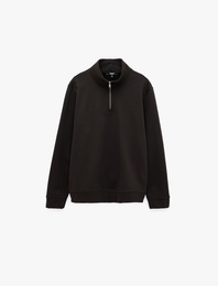 Uzun Kollu Üç İplik Şardonlu Pamuklu Yarım Fermuarlı Sweatshirt