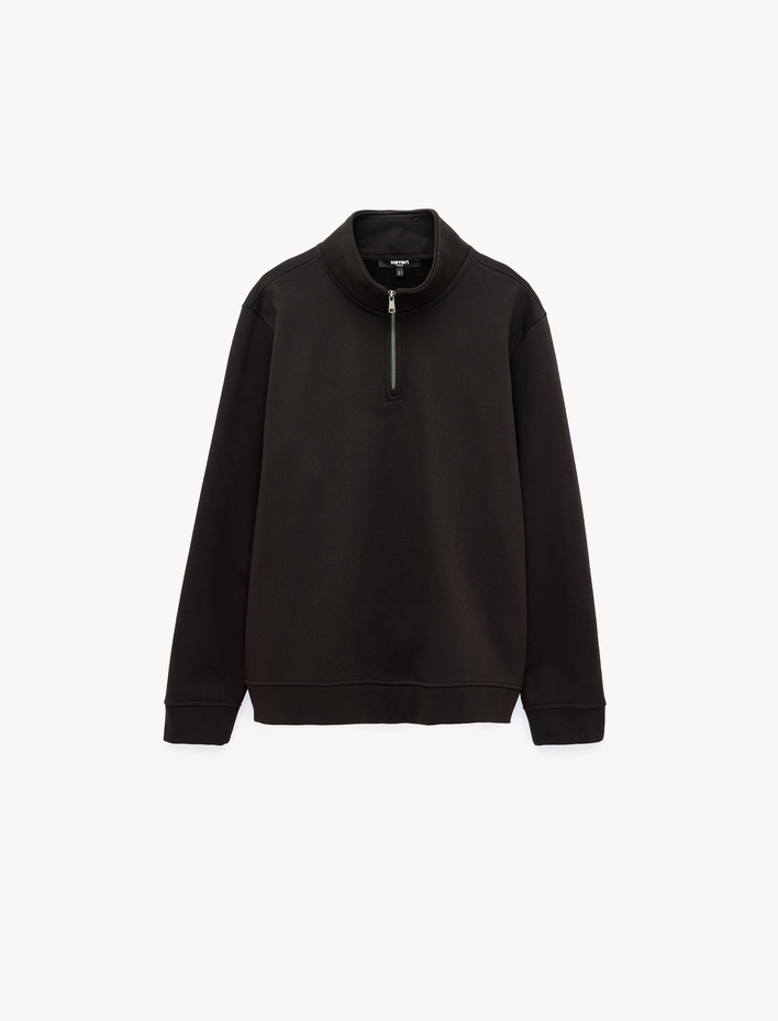  Uzun Kollu Üç İplik Şardonlu Pamuklu Yarım Fermuarlı Sweatshirt