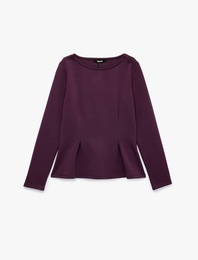 Slim Fit Pamuklu Bisiklet Yaka Uzun Kollu Pileli Peplum Bluz