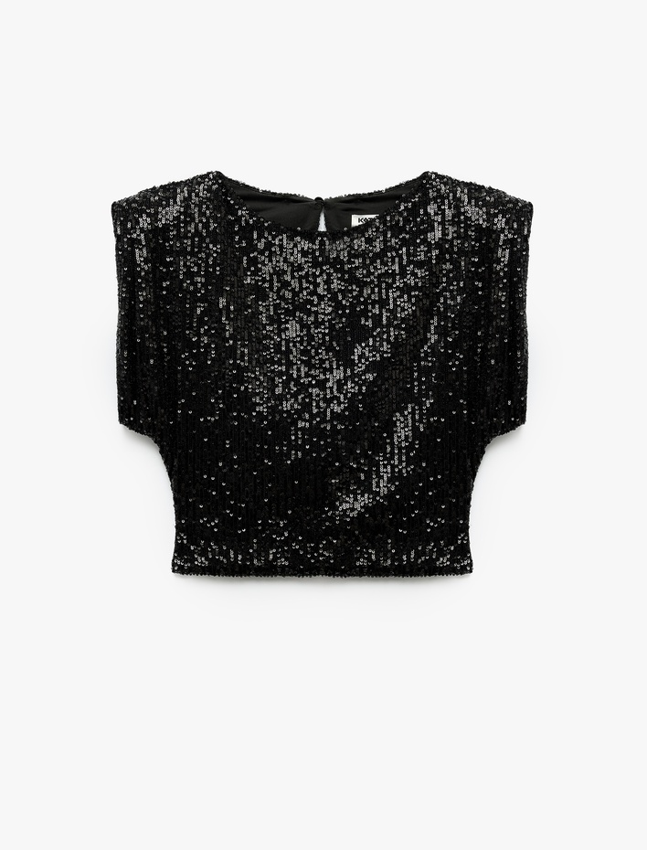  Slim Fit Pullu Payetli Bisiklet Yaka Kısa Yarasa Kol Abiye Bluz