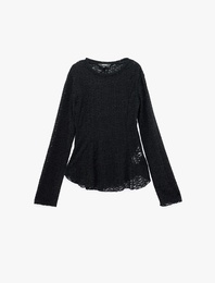 Slim Fit Uzun Kollu Yuvarlak Yaka Peplum Dantel Tişört