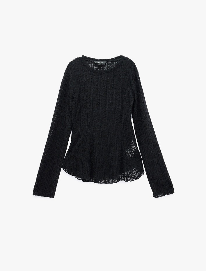  Slim Fit Uzun Kollu Yuvarlak Yaka Peplum Dantel Tişört