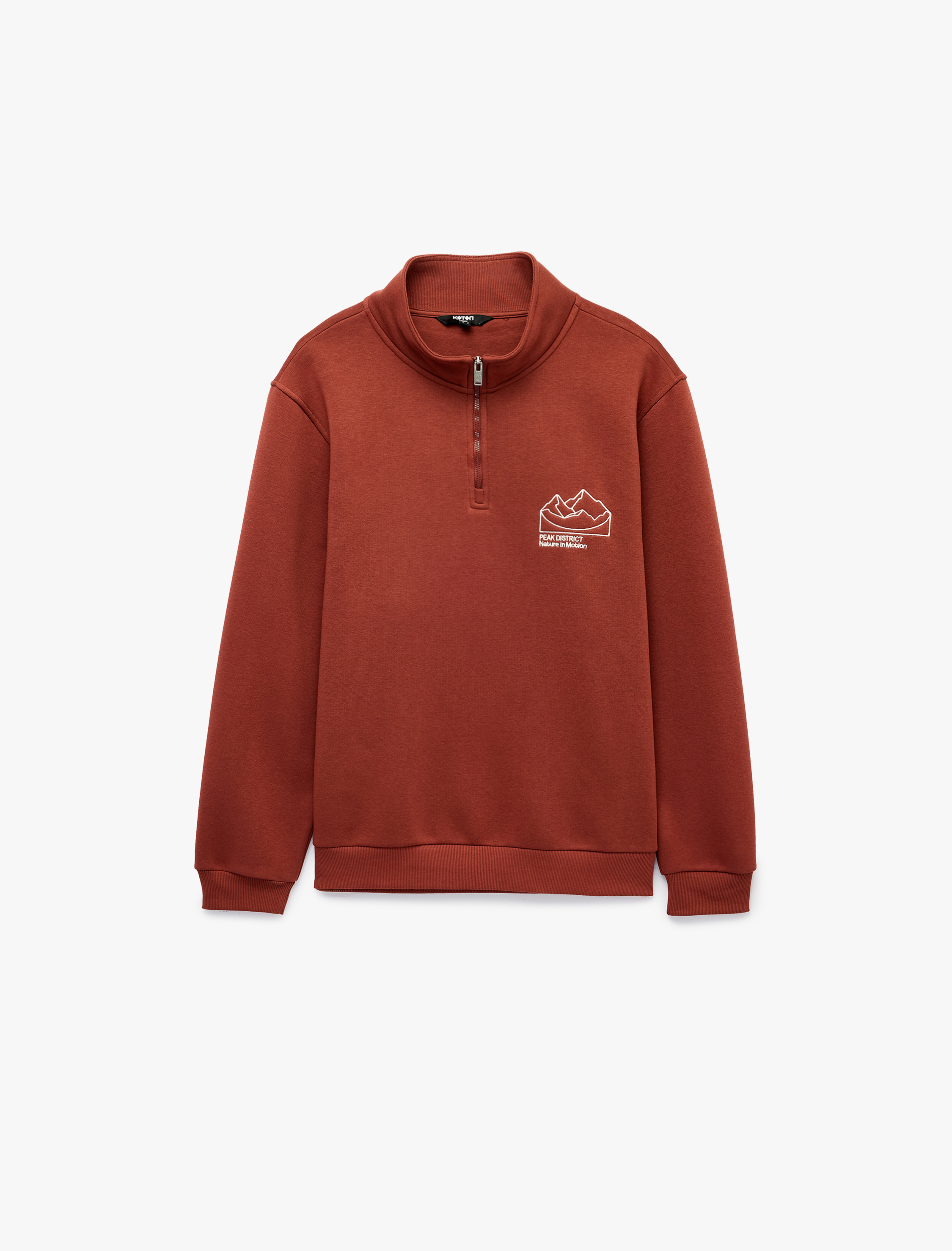   Uzun Kollu Üç İplik Şardonlu Nakışlı Yarım Fermuarlı Sweatshirt