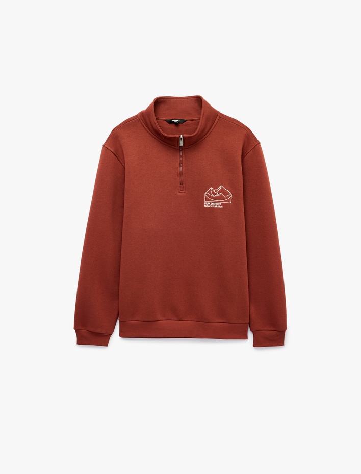  Uzun Kollu Üç İplik Şardonlu Nakışlı Yarım Fermuarlı Sweatshirt
