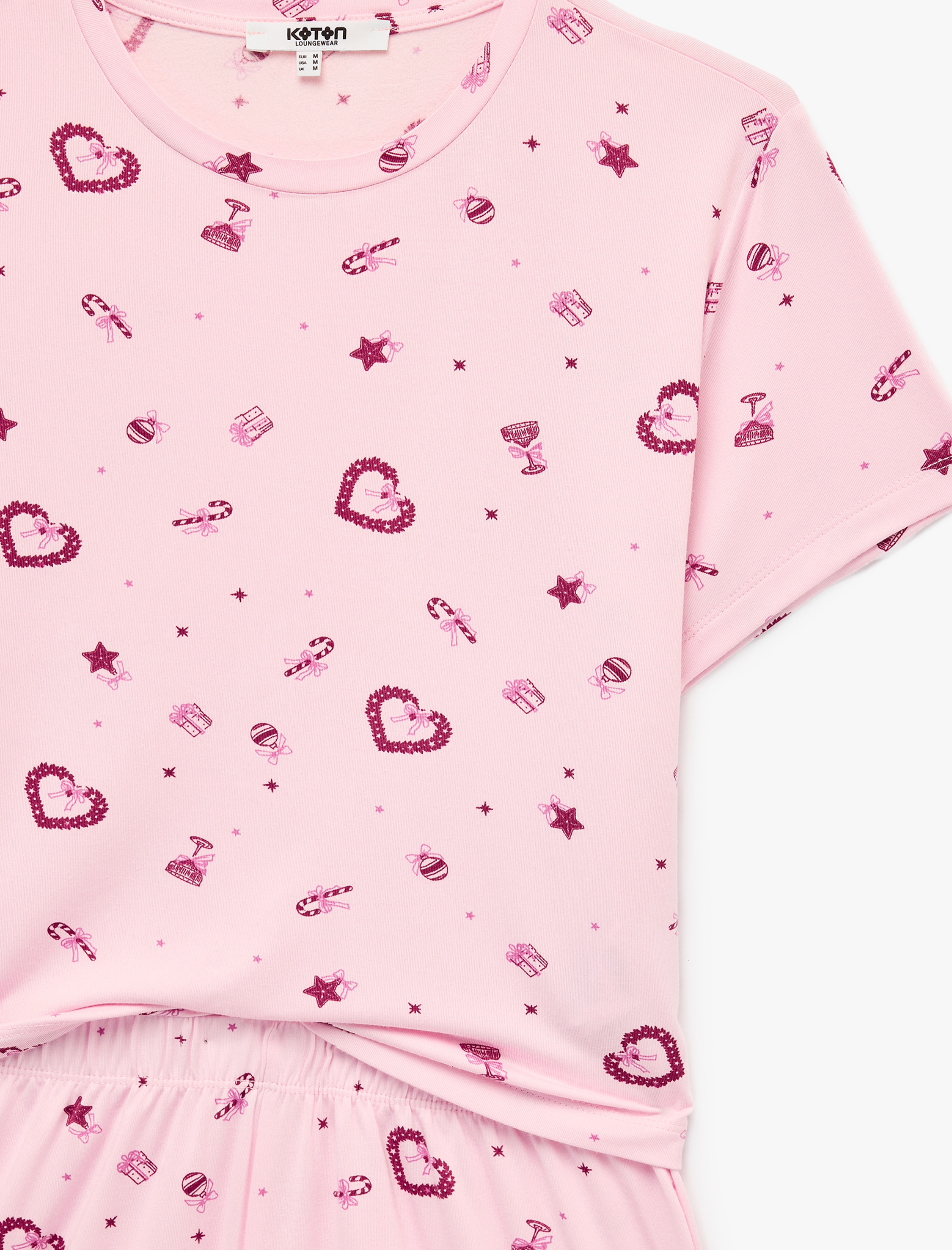   Kalp Desenli Rahat Kalıp Kısa Kollu Bisiklet Yaka Şortlu Pijama Takımı