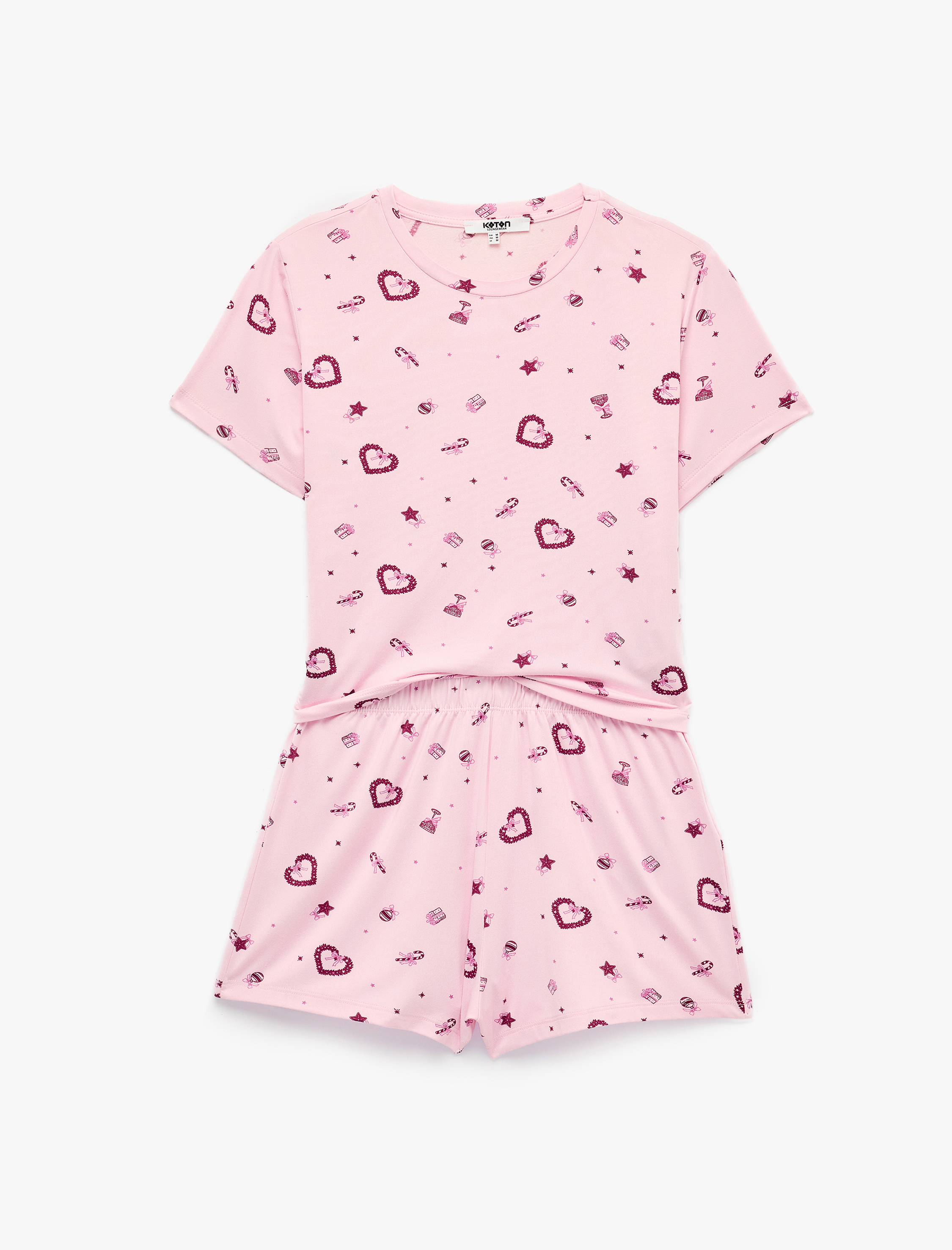   Kalp Desenli Rahat Kalıp Kısa Kollu Bisiklet Yaka Şortlu Pijama Takımı