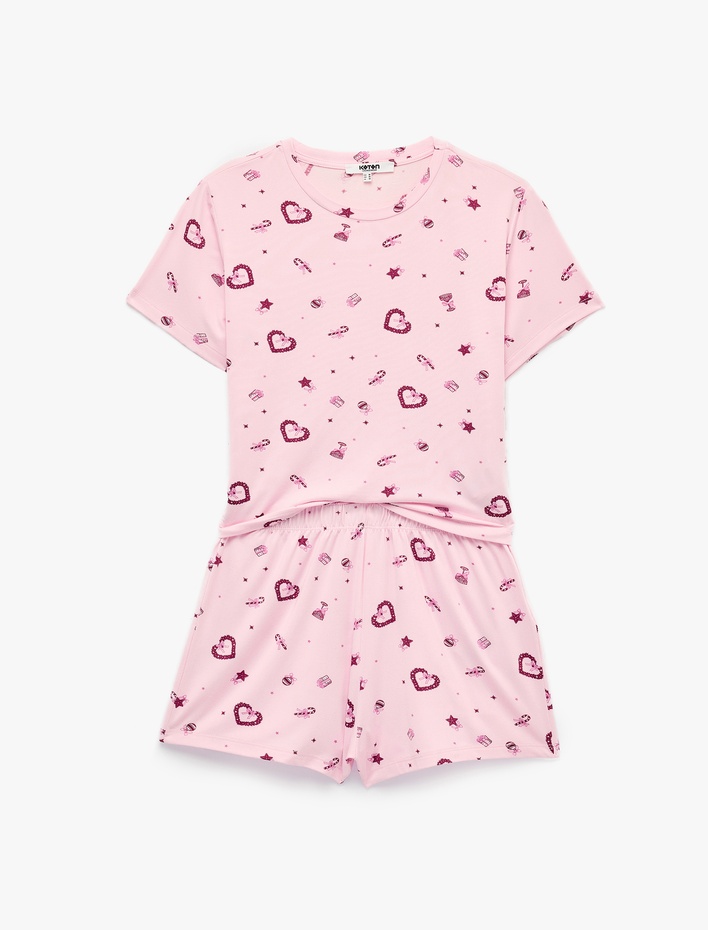  Kalp Desenli Rahat Kalıp Kısa Kollu Bisiklet Yaka Şortlu Pijama Takımı