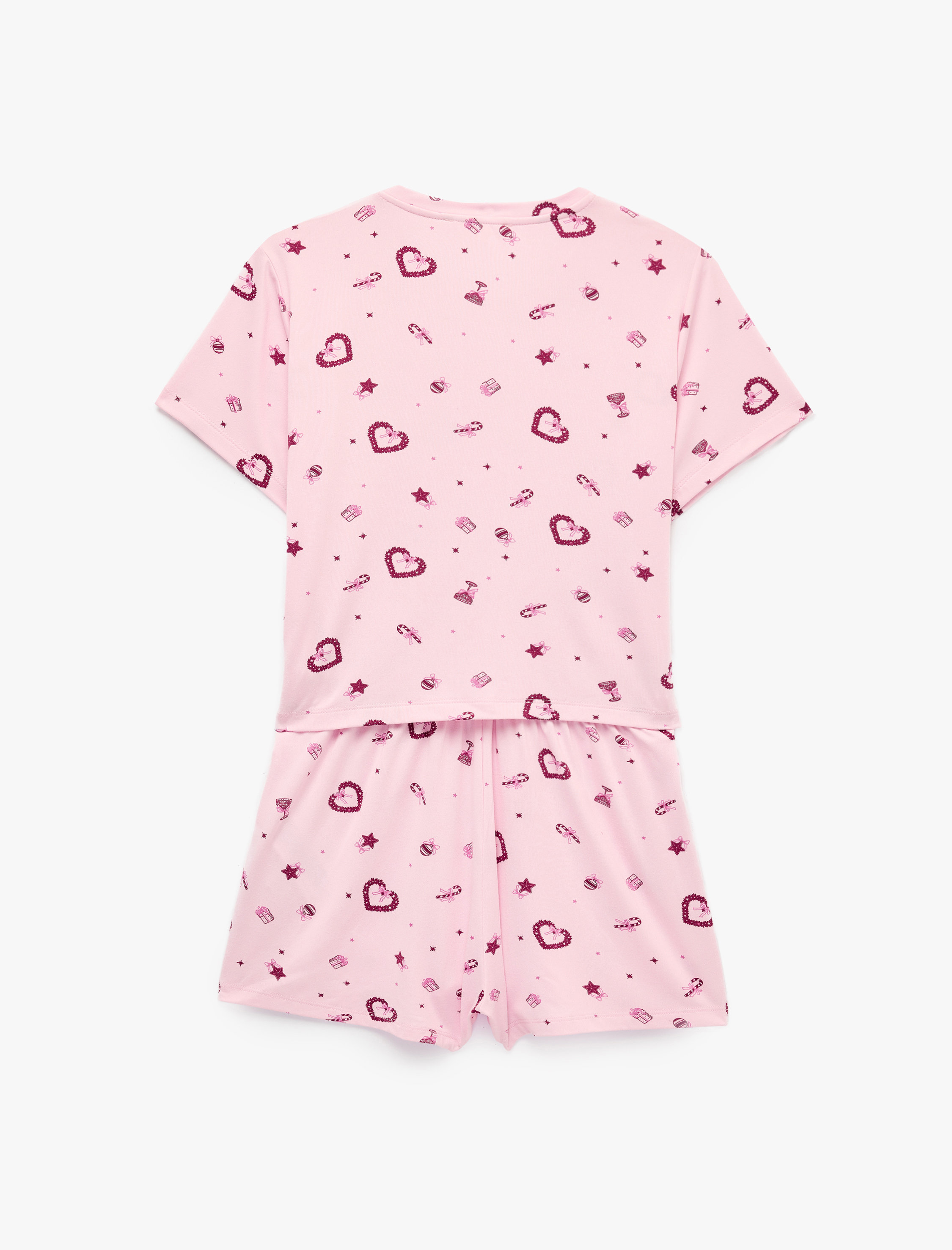   Kalp Desenli Rahat Kalıp Kısa Kollu Bisiklet Yaka Şortlu Pijama Takımı
