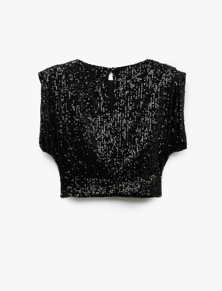  Slim Fit Pullu Payetli Bisiklet Yaka Kısa Yarasa Kol Abiye Bluz