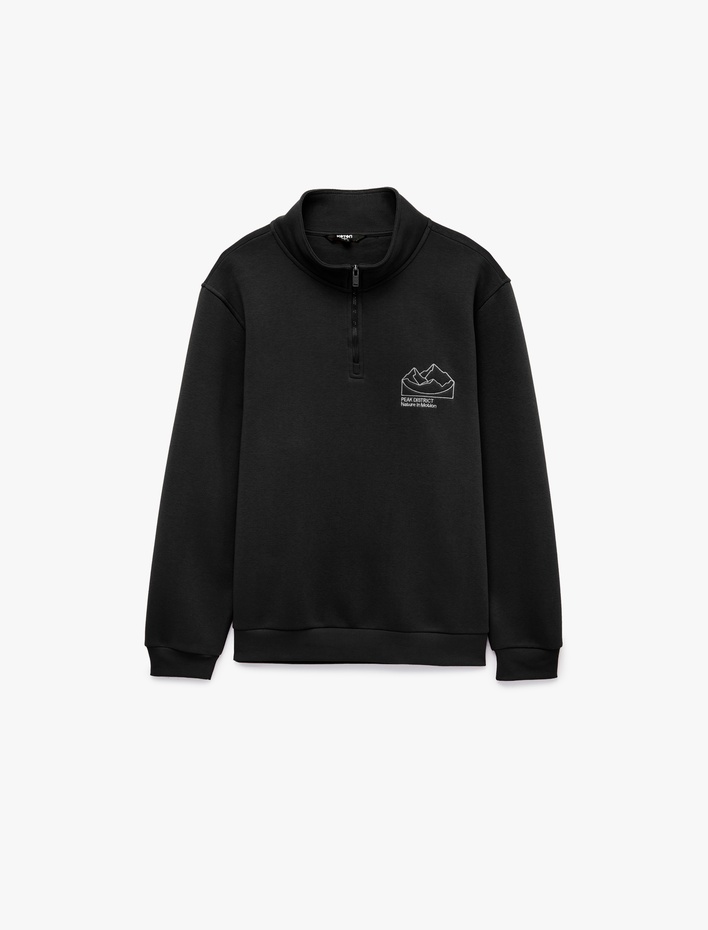  Uzun Kollu Üç İplik Şardonlu Nakışlı Yarım Fermuarlı Sweatshirt