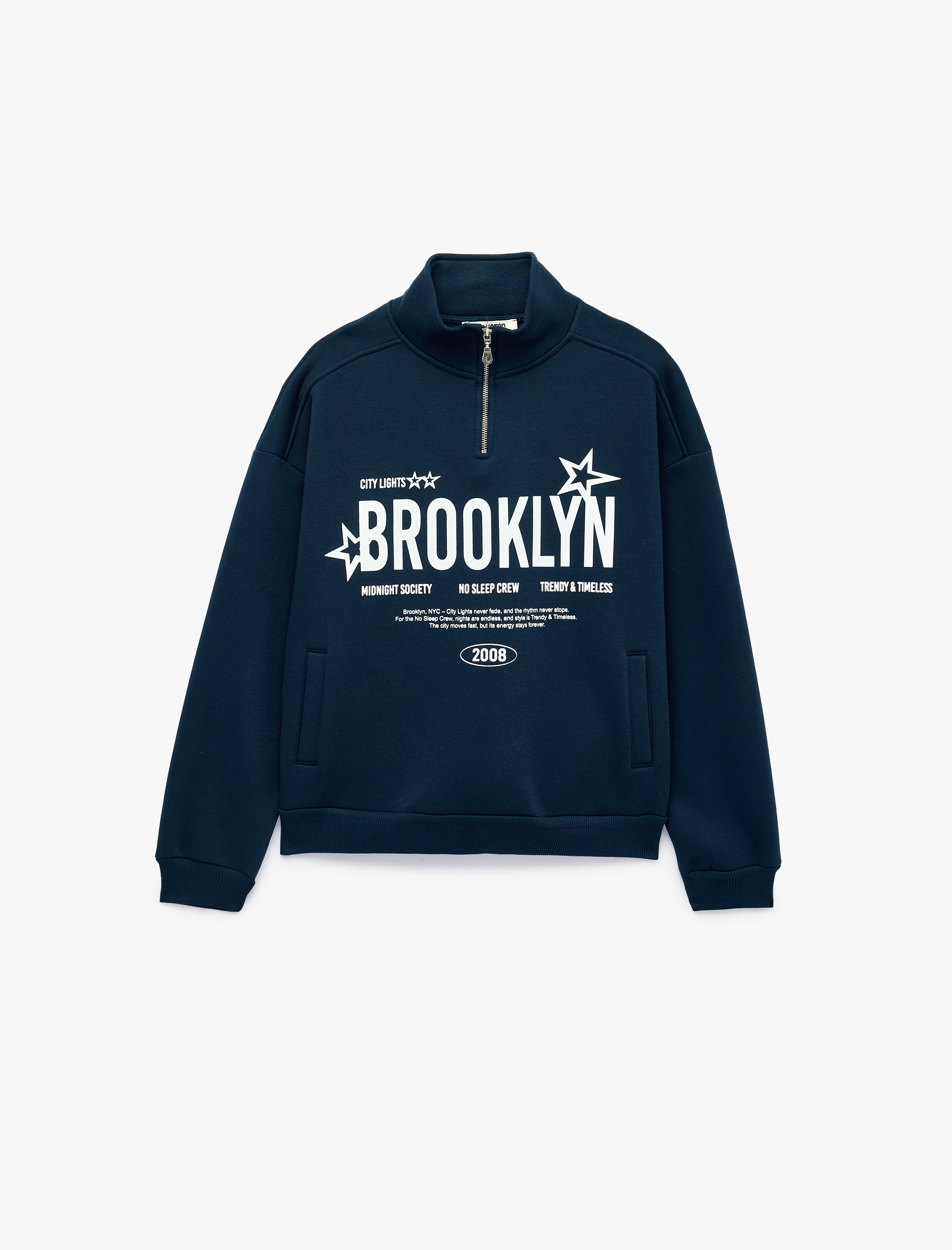   Şardonlu Rahat Kalıp Dik Yaka Yarım Fermuarlı Uzun Kollu Baskılı Sweatshirt
