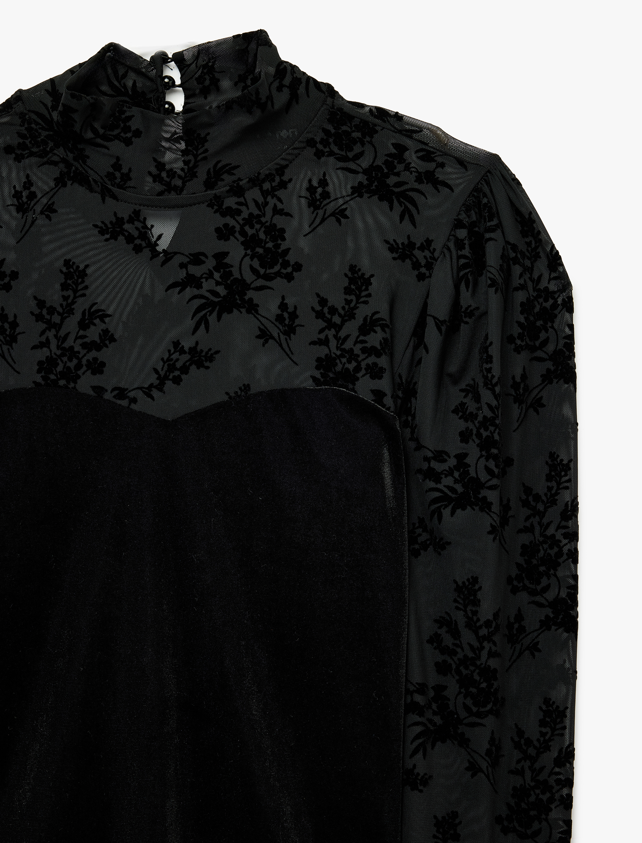   Slim Fit Uzun Kollu Dik Yaka Korse Detaylı Transparan Kadife Bluz