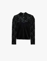 Slim Fit Uzun Kollu Dik Yaka Korse Detaylı Transparan Kadife Bluz