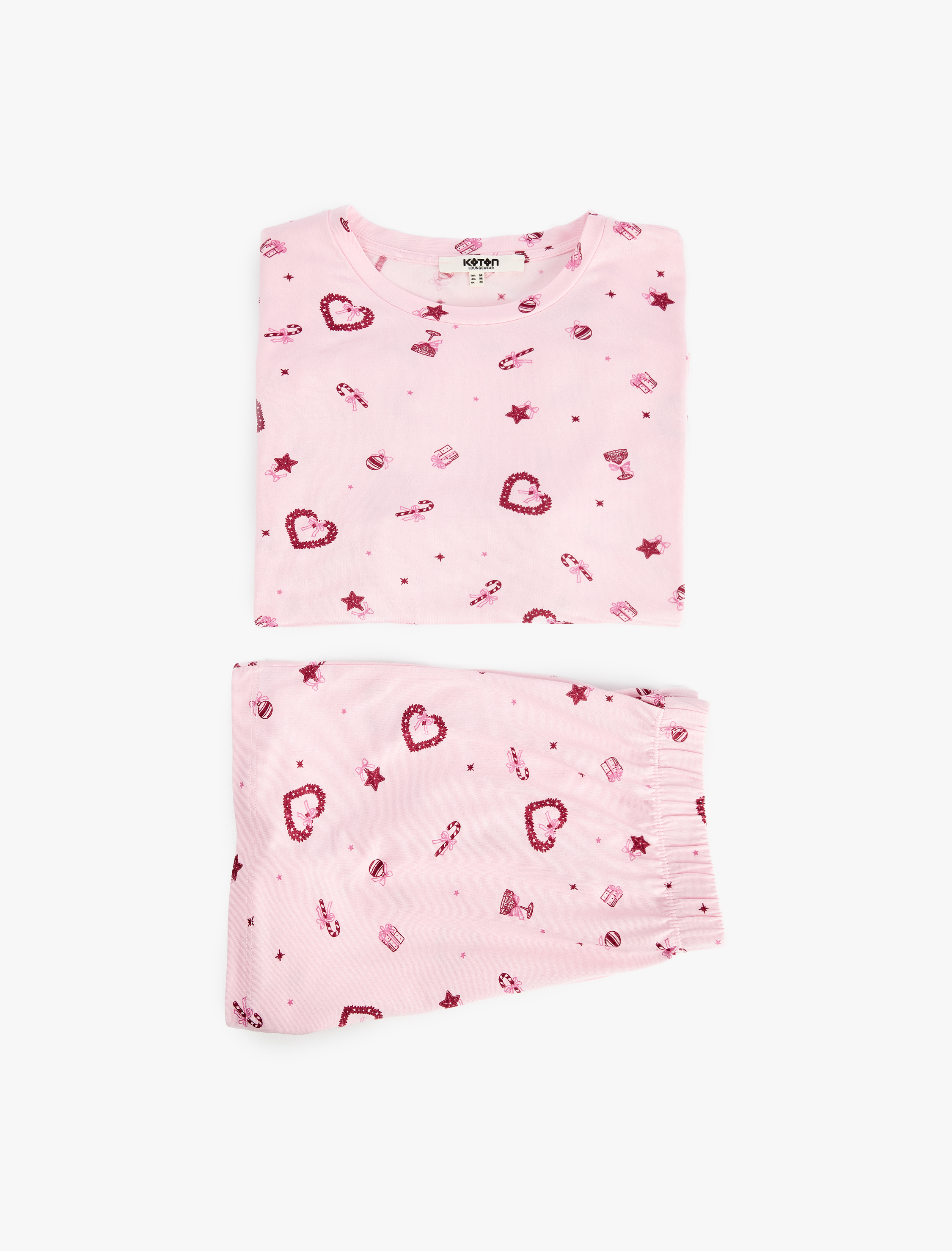   Kalp Desenli Rahat Kalıp Kısa Kollu Bisiklet Yaka Şortlu Pijama Takımı
