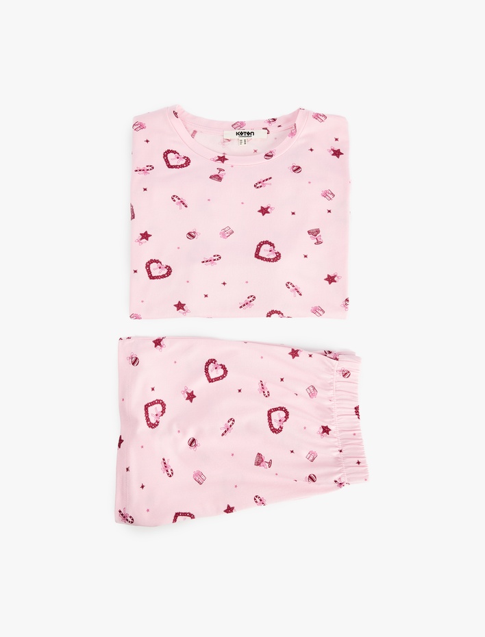  Kalp Desenli Rahat Kalıp Kısa Kollu Bisiklet Yaka Şortlu Pijama Takımı