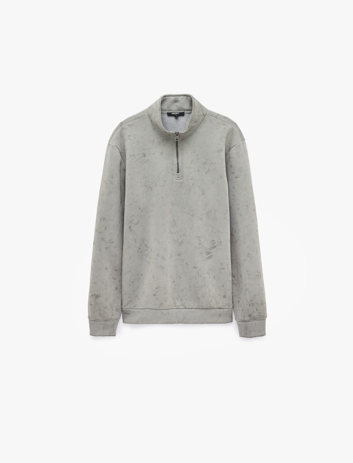  Şardonlu Rahat Kalıp Yıkamalı Uzun Kollu Yarım Fermuarlı Sweatshirt