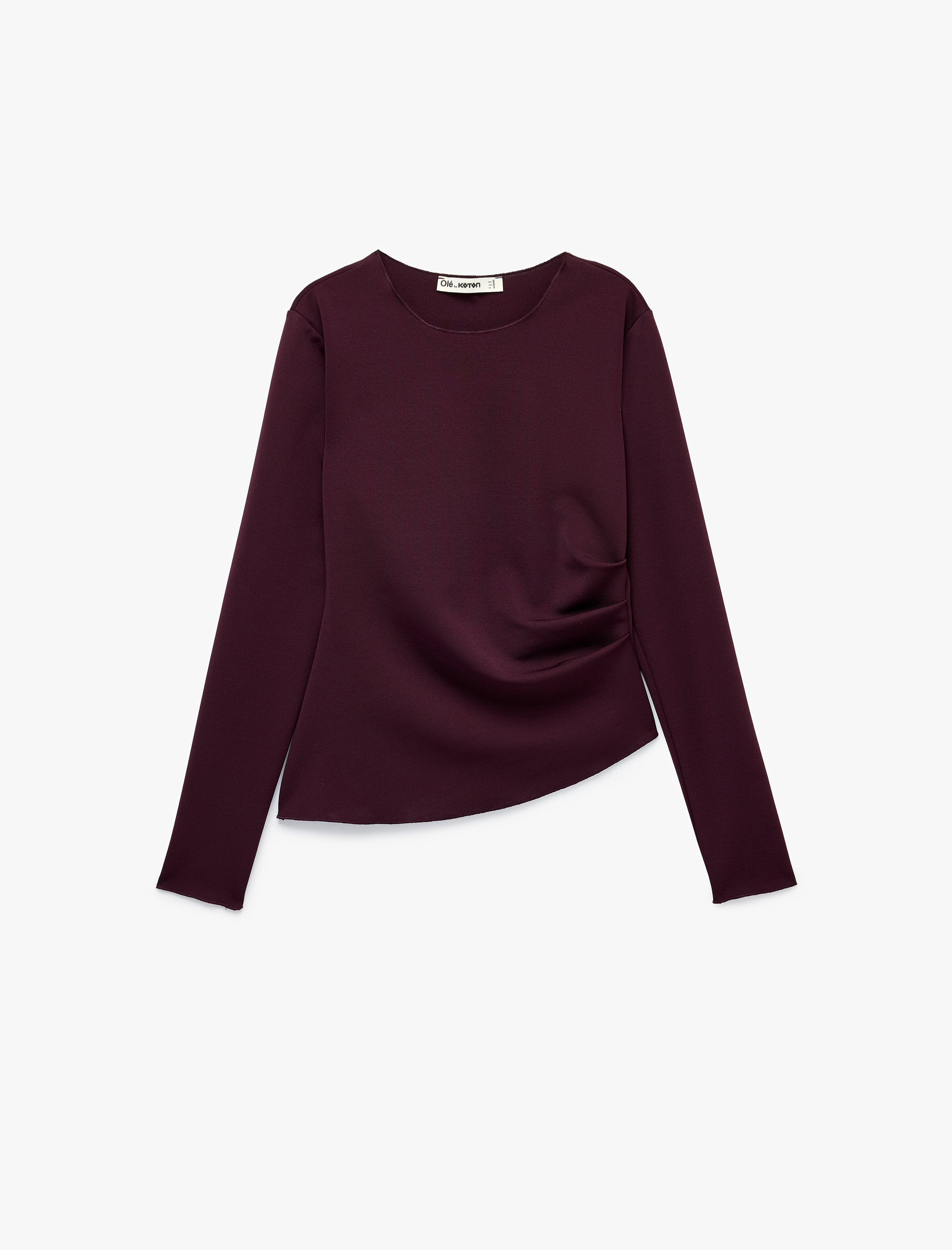   Büzgülü Slim Fit Bisiklet Yaka Asimetrik Uzun Kollu Bluz
