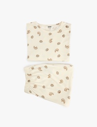 Rahat Kalıp Bisiklet Yaka Uzun Kollu Baskılı Pijama Takımı