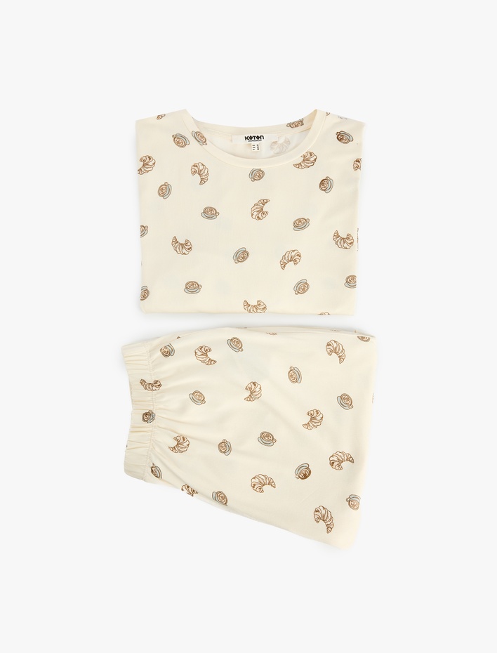  Rahat Kalıp Bisiklet Yaka Uzun Kollu Baskılı Pijama Takımı