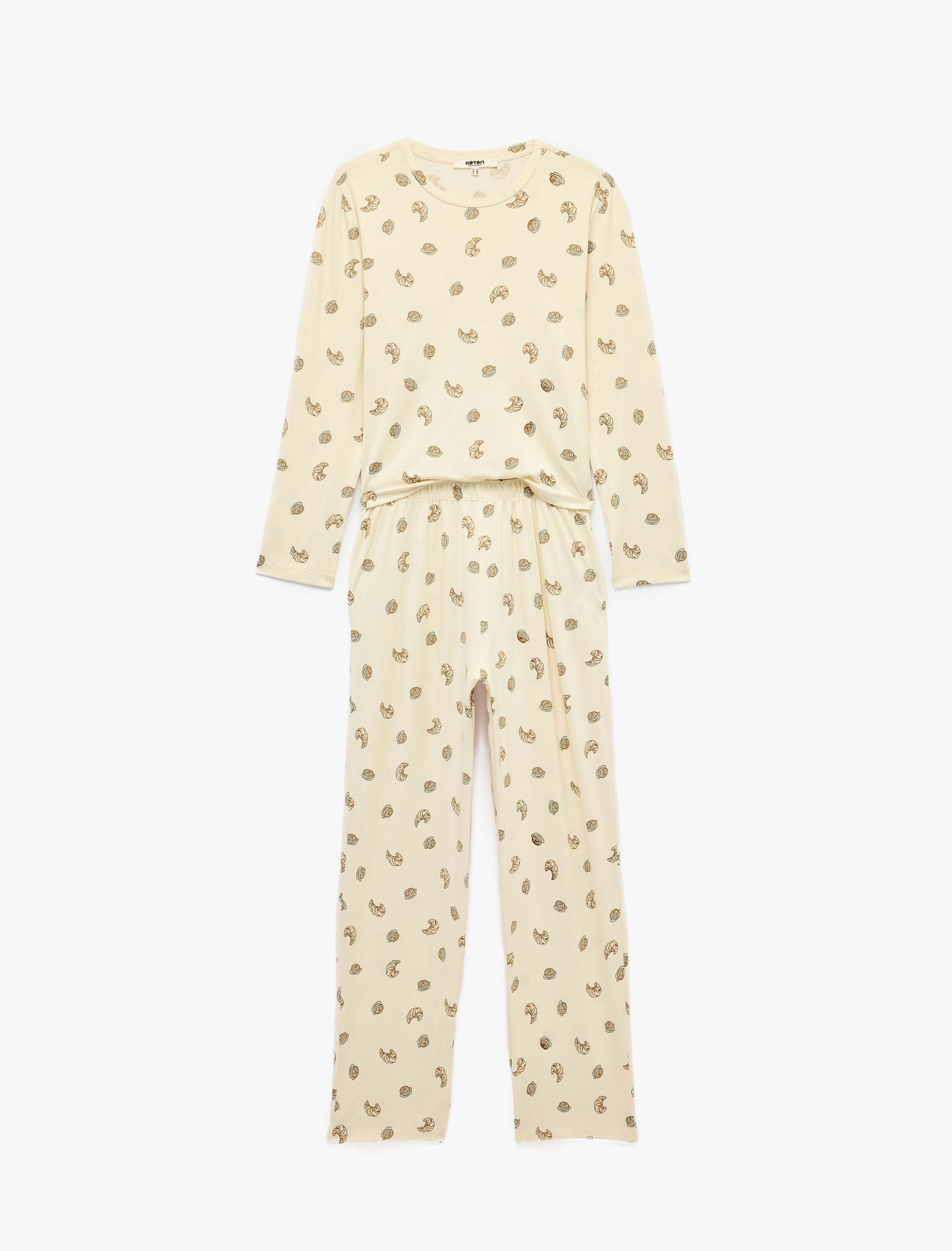   Rahat Kalıp Bisiklet Yaka Uzun Kollu Baskılı Pijama Takımı