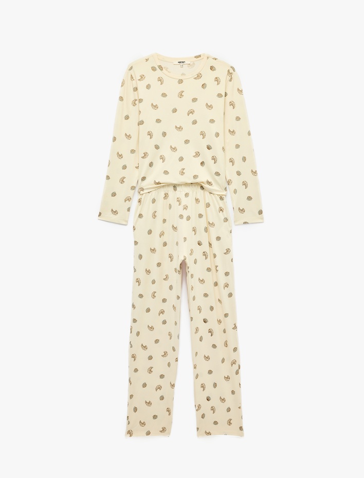  Rahat Kalıp Bisiklet Yaka Uzun Kollu Baskılı Pijama Takımı