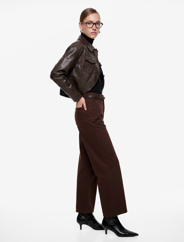  Pamuklu Geniş Paça Kemerli Crop Pantolon - Wide Leg Jeans
