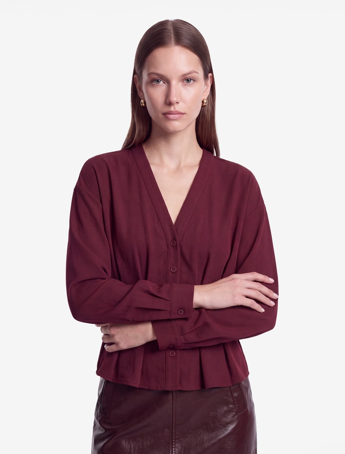  Slim Fit Uzun Kollu Kruvaze V Yaka Pileli Gömlek