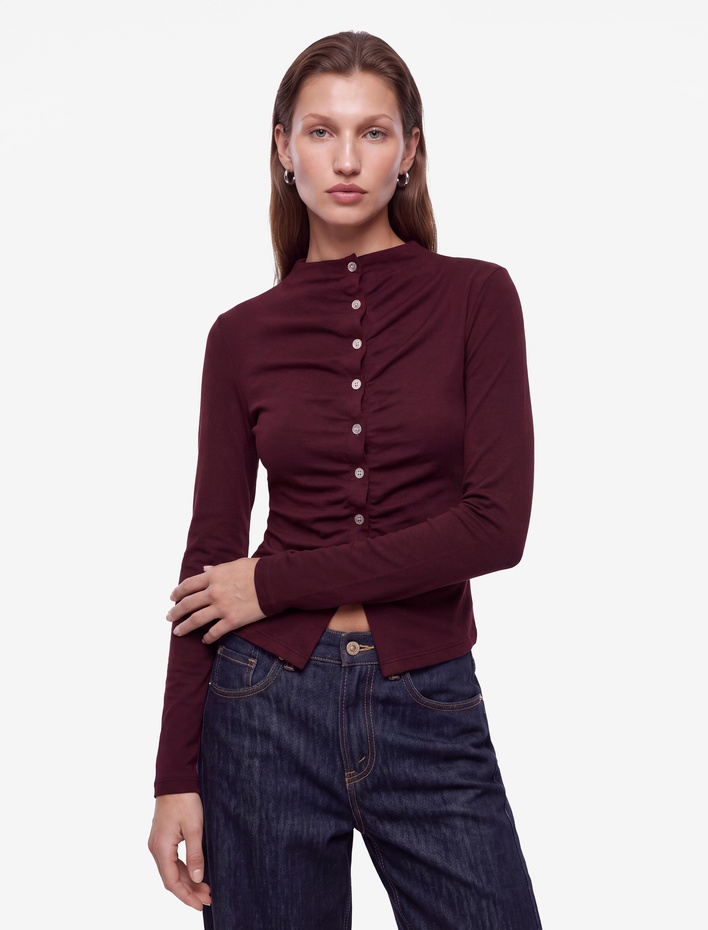  Slim Fit Uzun Kollu Dik Yaka Drapeli Düğmeli Bluz
